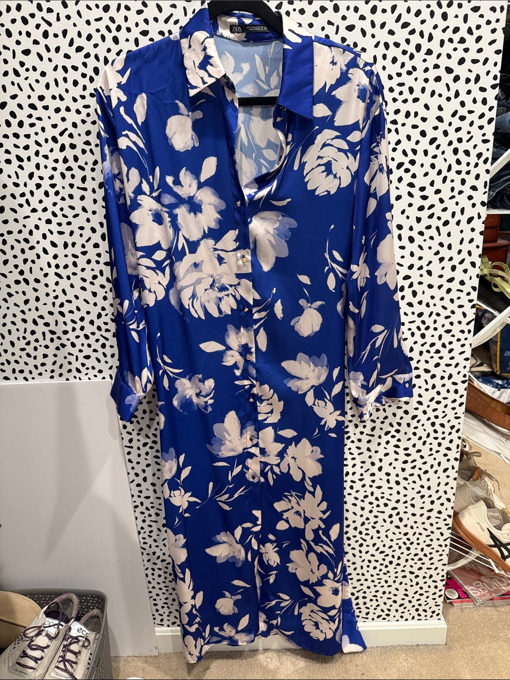Zara Royal Blue Maxi Shirt Dress with White Floral Print Small